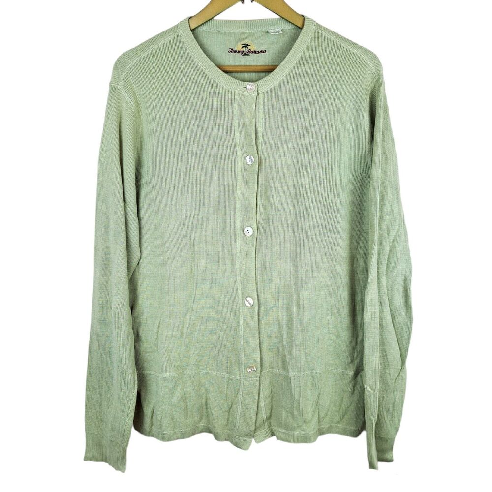 Tommy Bahama Women Size M Green Silk Blend Pearl Button Up Crew Neck Cardigan